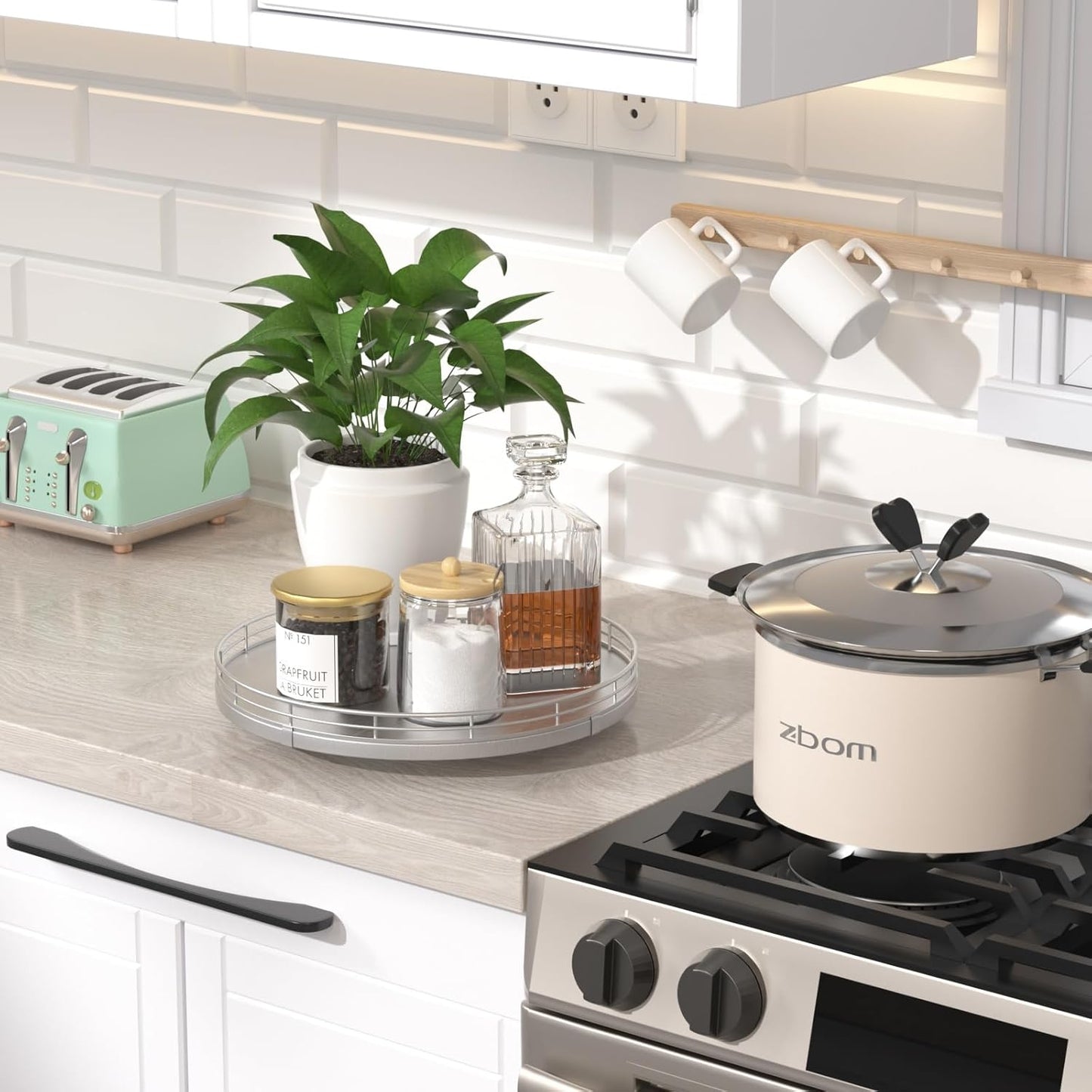 10" Silver Lazy Susan for Table Top, Oak Wood Lazy Susan Turntable Organizer for Dining Coffee Table Centerpiece Bar Decor Kitchen Countertop Bathroom Vanity Decorative Tray for Perfume Jewelry Round