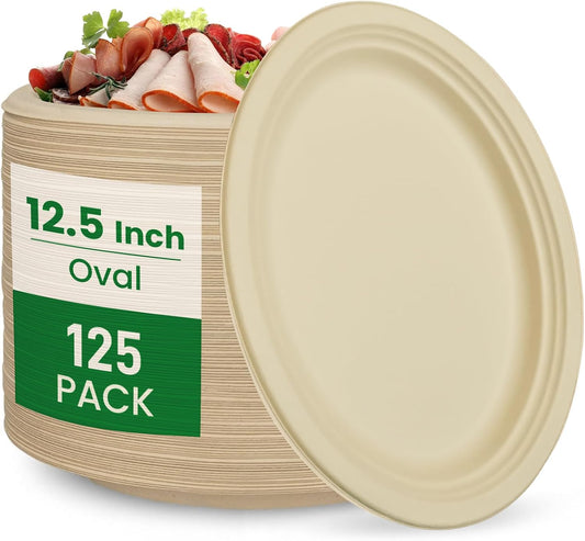 12.5 Inch Compostable Oval Plates [125-Value Pack] - Sustainable and Heavy-Duty Compostable Paper Plates, Natural Sugarcane Bagasse Biodegradable Plate, Natural Brown