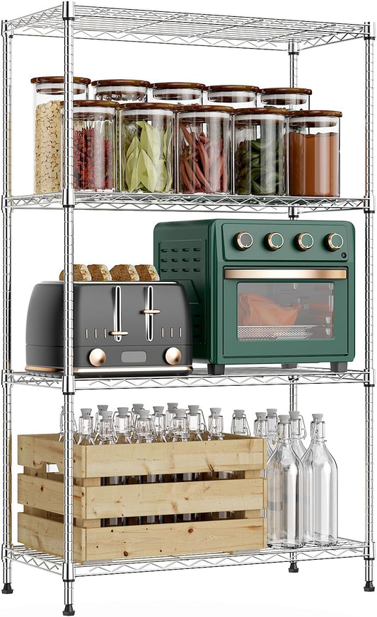 1000 lbs 4Tier Shelf Metal Storage Shelves Wire Rack Closet Organizers with Wheel for Garage Kitchen Bathroom Laundry Chrome 13.7" D x 29.5" W x 47.2" H