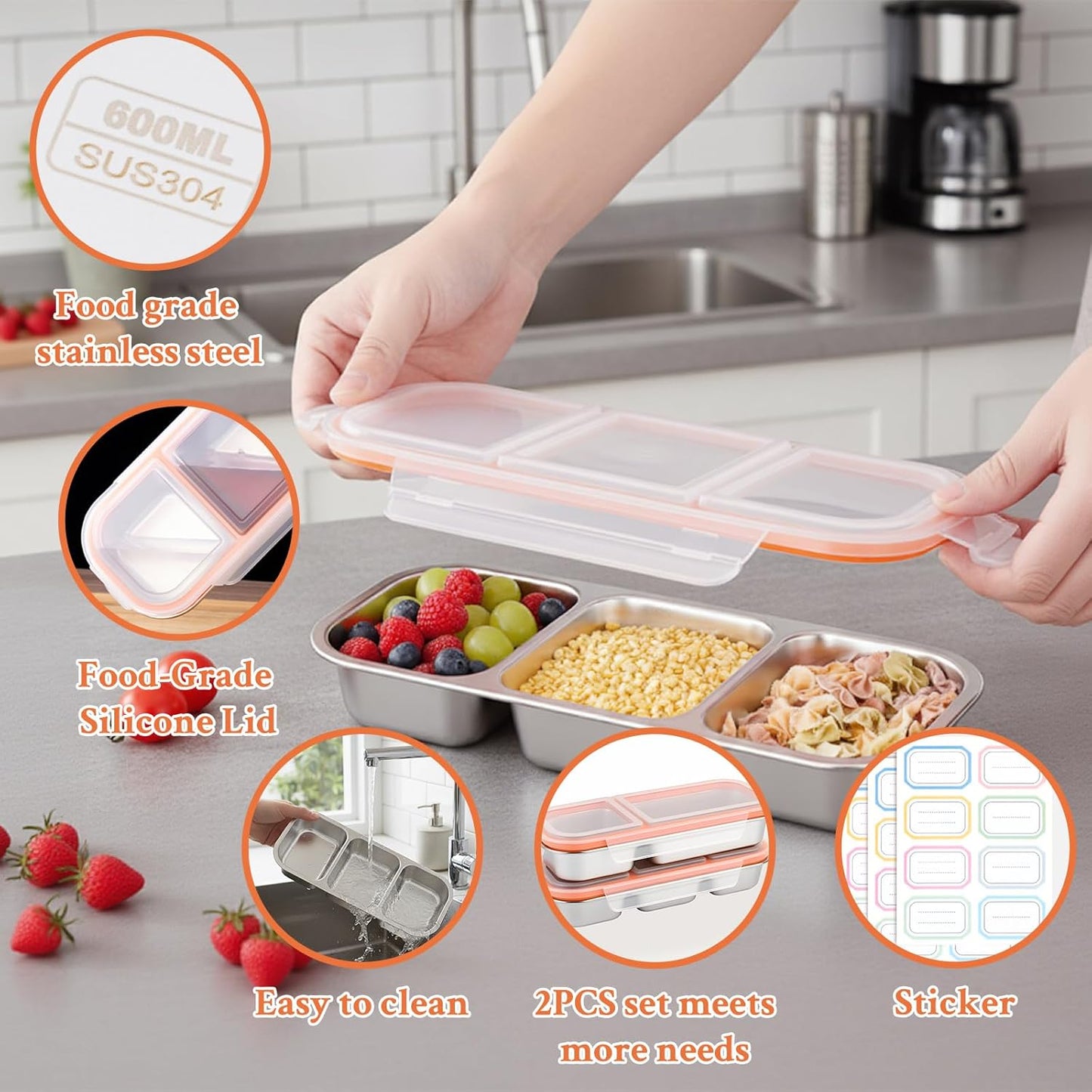 2 Pack Stainless Steel Snack Containers, 3+2 Compartment Snack boxes, Reusable Snack Containers with Lids for Adults - Leakproof Divided Metal Food Storage Bento Lunch Box for Work, Office, Travel