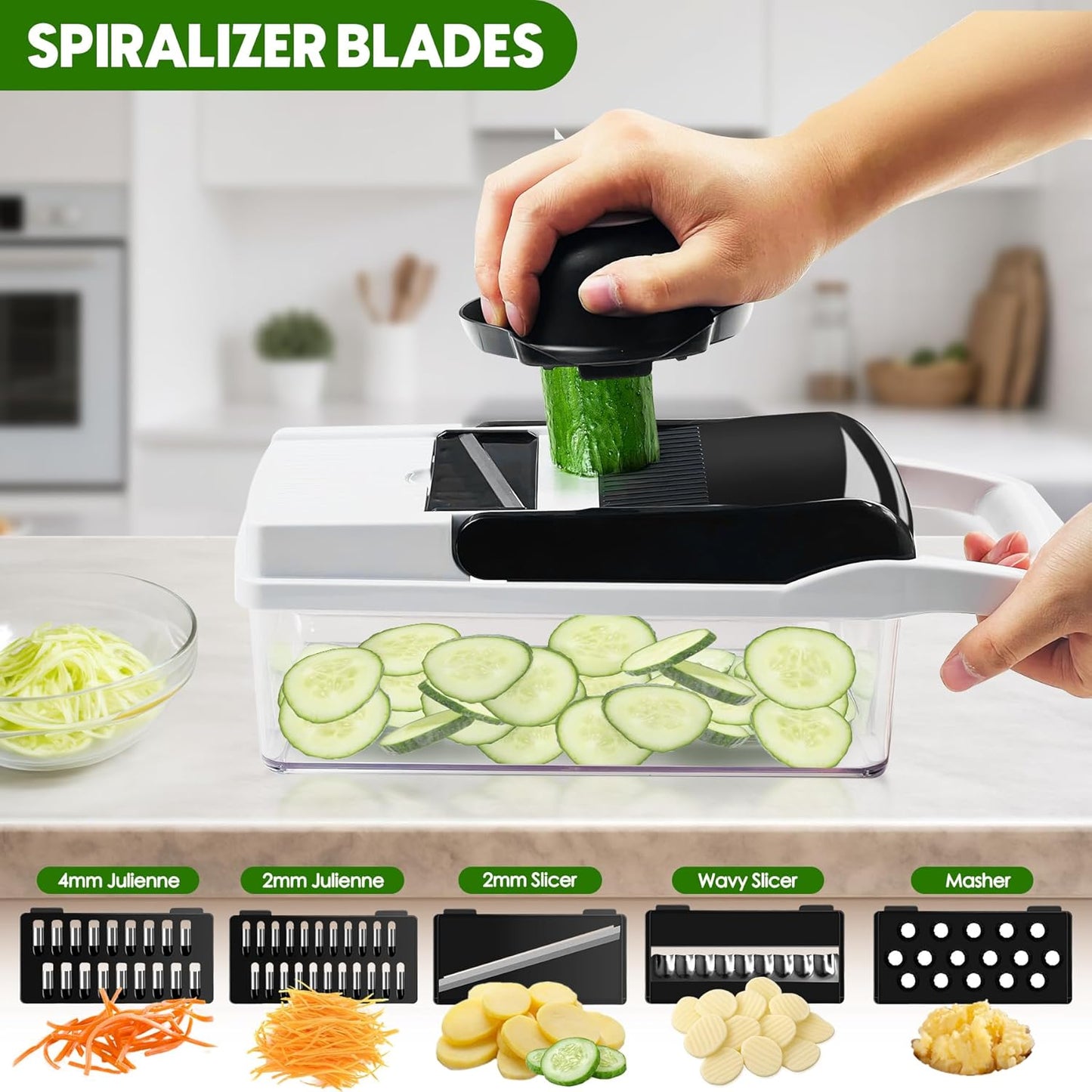 Vegetable Chopper, 10 Blades Slicer Onion Dicer, Multi 23-in-1 Veggie Mandoline Food Cutter for Tomato Fruit, Vegetable cutter with Hand Protector, Egg Separator & Slicer, Container（White）
