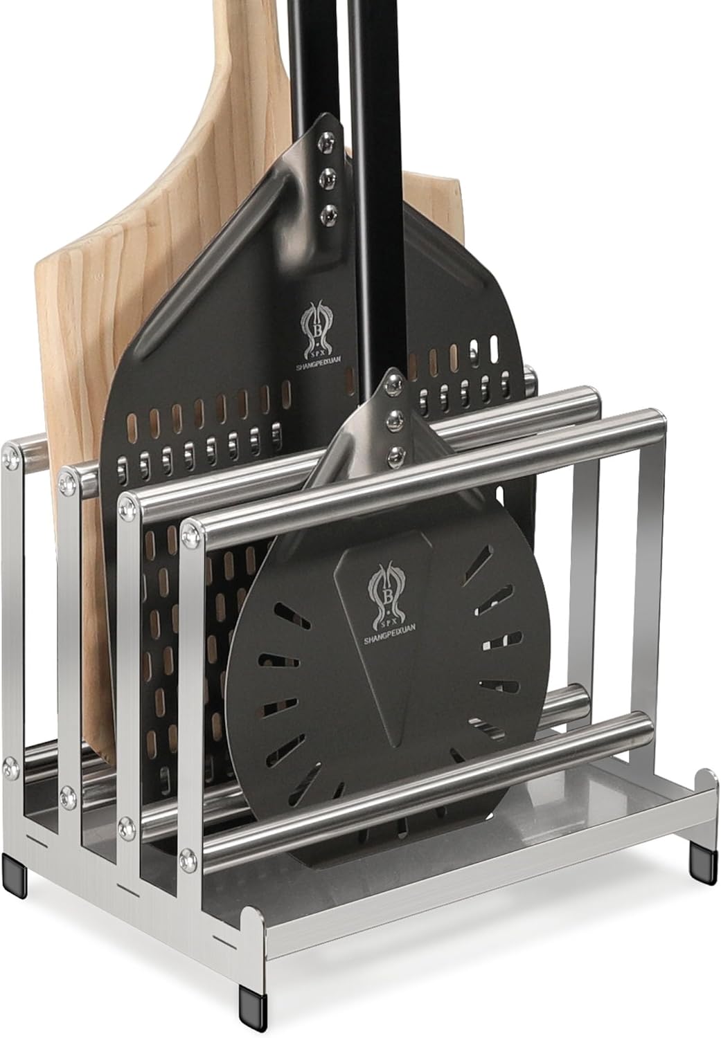 Pizza Peel Rack Stainless Steel With Non-Slip Feet Pizza Turning Peel Pizza Paddle Holder Rack 4 Available Slots Organizing and Saving Space, No Pizza Oven Tools, silver