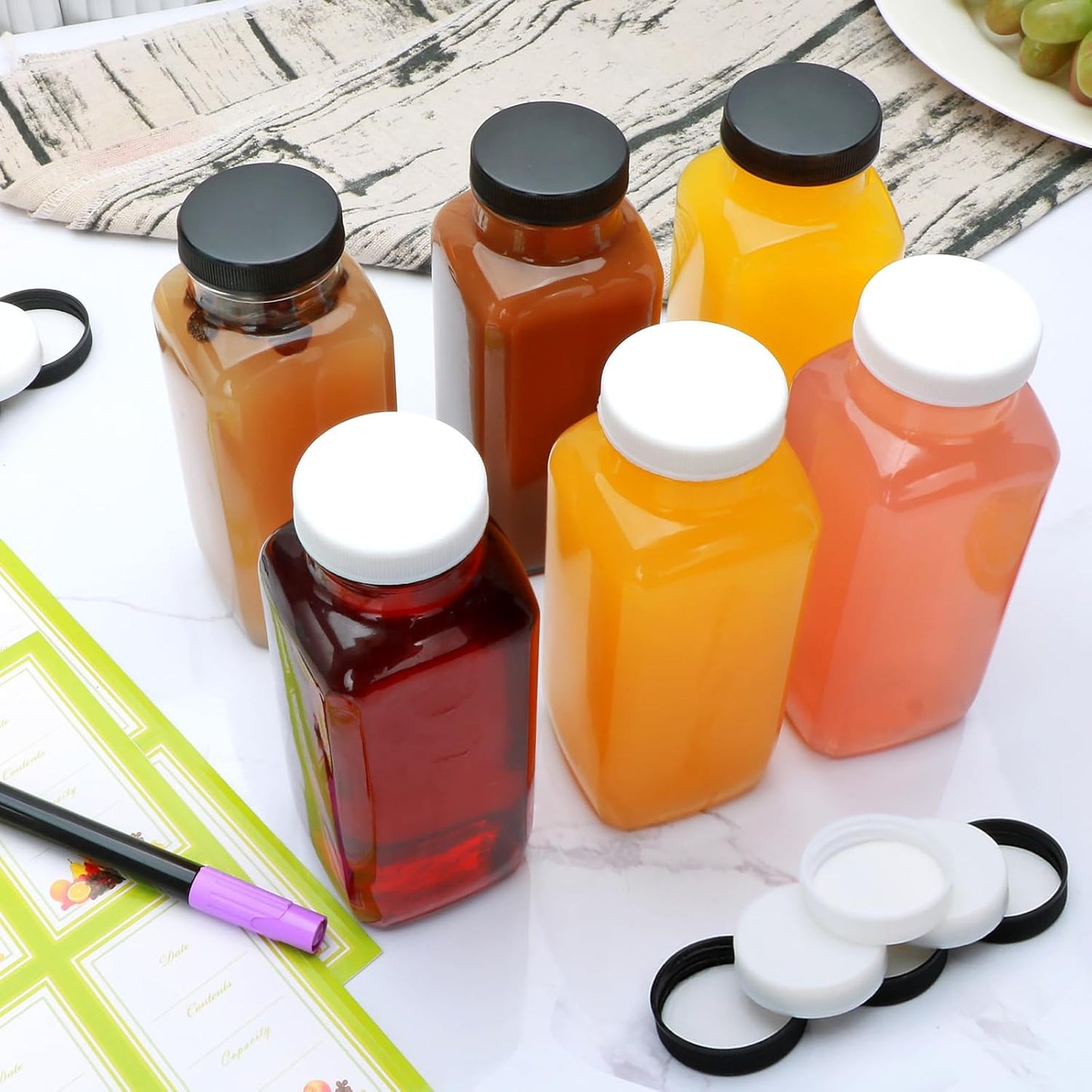 Brajttt Glass Juice Bottles with Lids, 12 OZ Juicing Bottles Reusable Glass, Set of 12 Square Beverage Containers Drinking Jars for Milk,Juice,Tea,Milkshake, Water,Honey,Jam