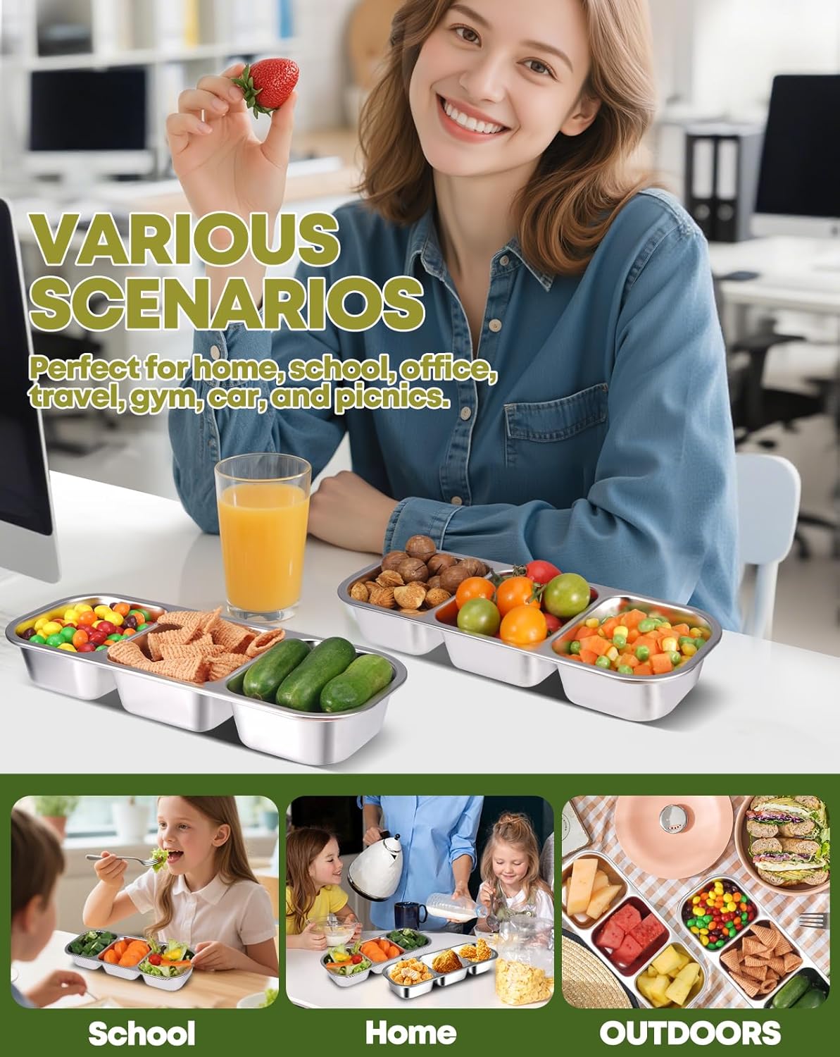 2Pack Stainless Steel Snack Containers for Kids Adults, Reusable 3 Compartment Snackle Box Container with Leakproof Lids Metal Bento Lunch Boxs Food Storage Containers for Travel Picnics Office School