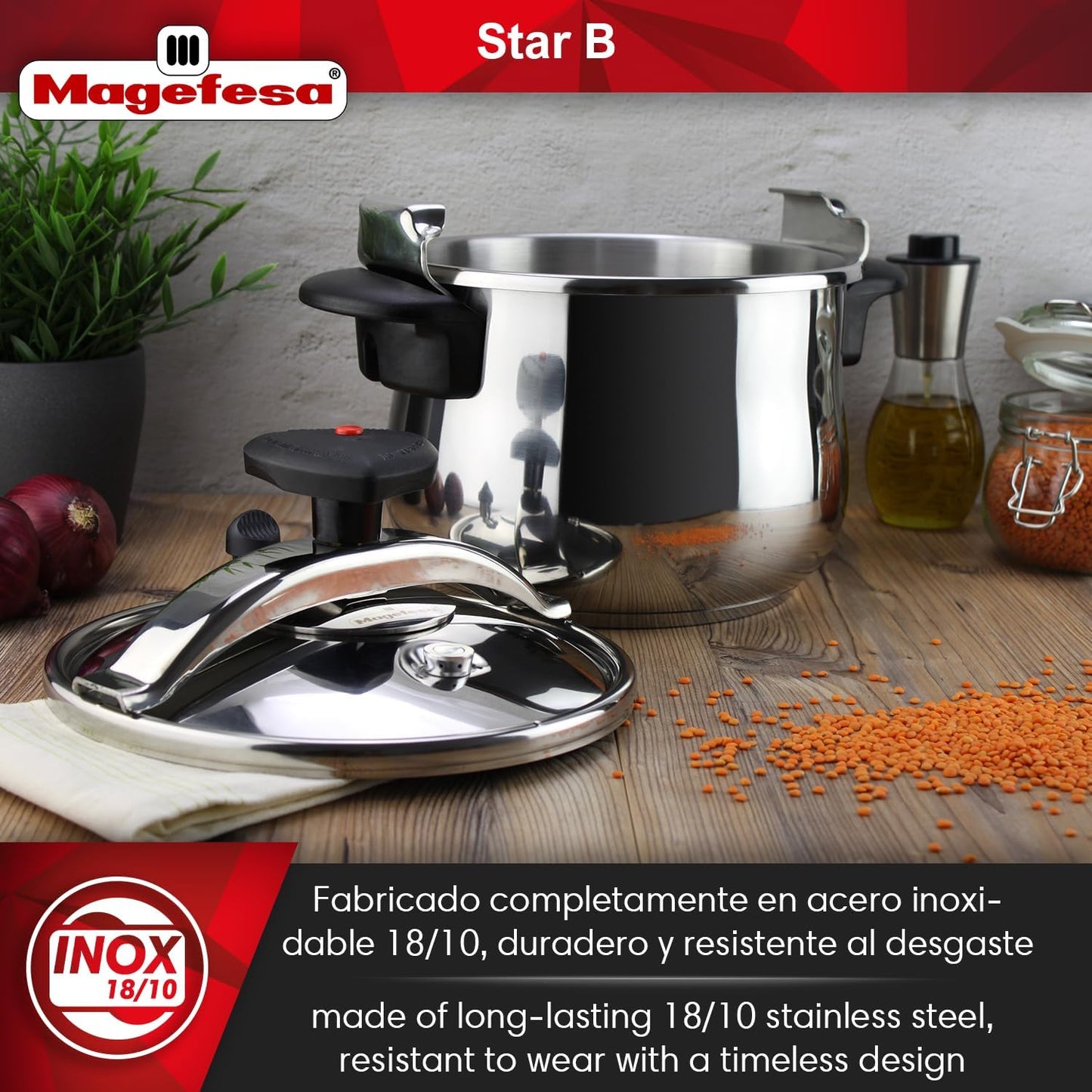 MAGEFESA Star Belly Pressure Cooker 10.6 Qt – 18/10 Stainless Steel, Rounded Bottom, 3 Safety Systems, Works on All Stovetops Including Induction, 8 PSI