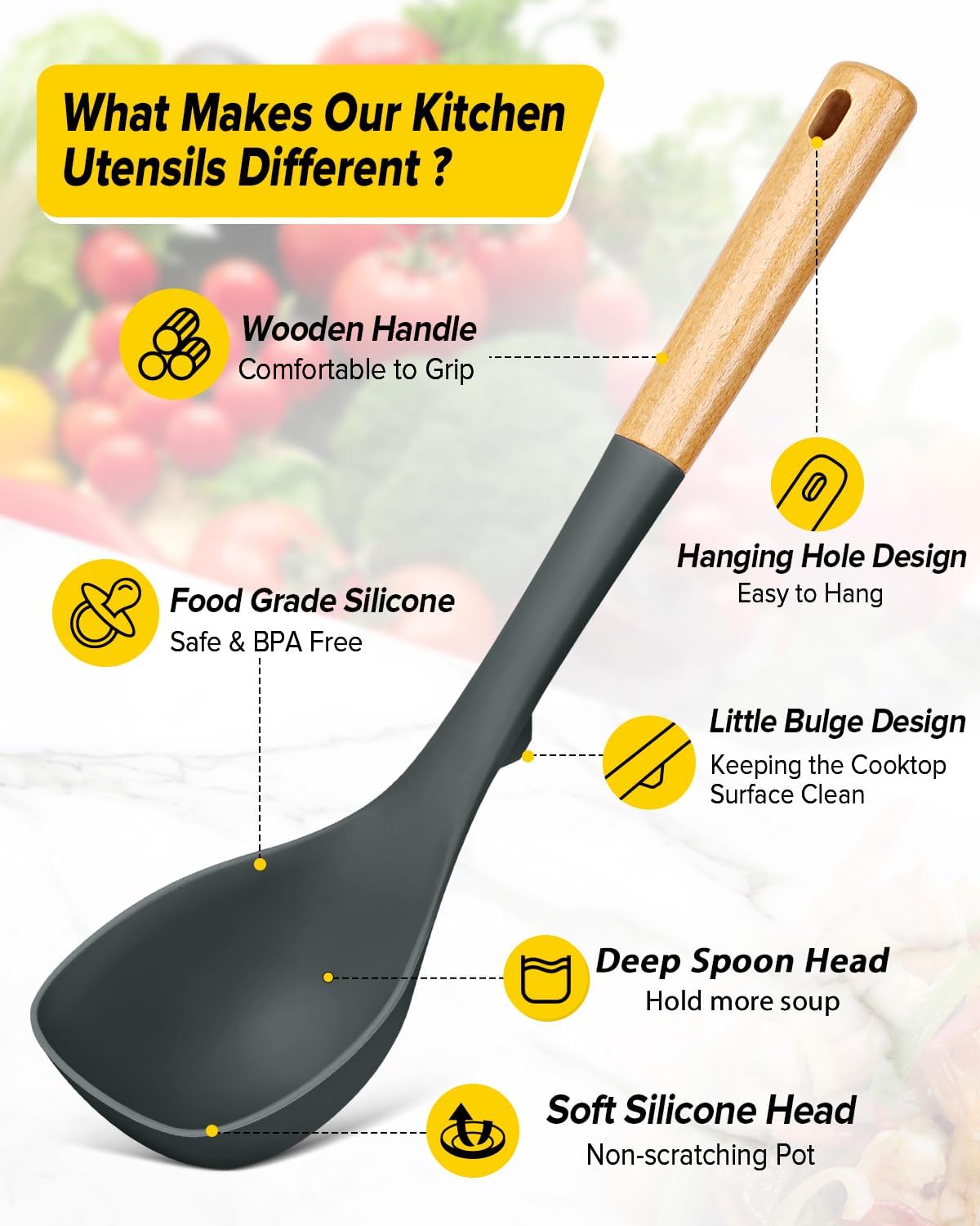 Silicone Soup Ladle and Spaghetti Spoon Set with Wooden Handle, Non Stick Heat Resistant Kitchen Utensils for Cooking, Stirring, Serving Pasta, Soup & Sauce(GRAY)