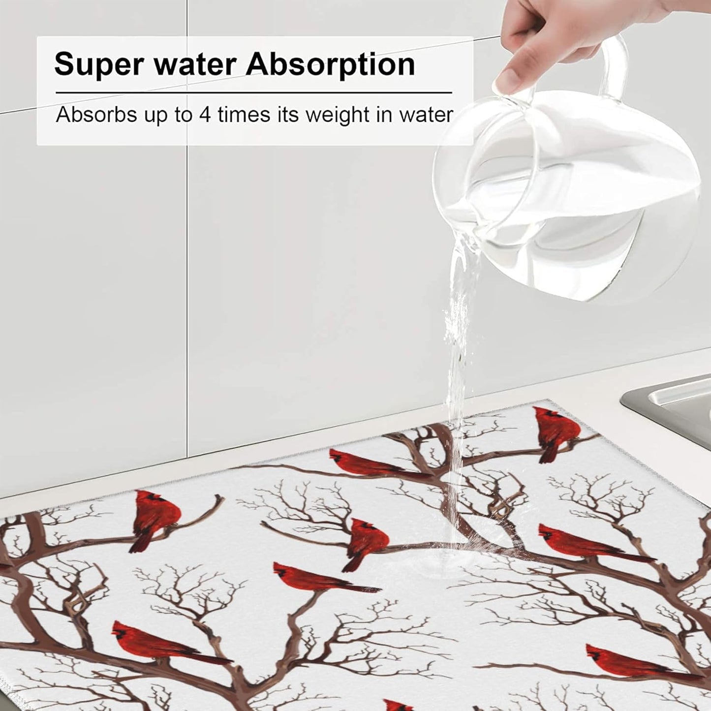 Winter Cardinal Birds Dish Drying Mat for Kitchen Counter Washable Absorbent Drying Mat Reversible Microfiber Drying Pad Home Holiday Decor Kitchen Accessories 16"x18"