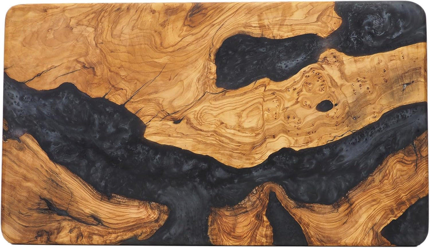 Handmade Epoxy Cutting Board & Charcuterie Board - Decorative, Olive Wood Boards for Serving Cheese, Fruit, Meat - Ideal for Kitchen, Unique Housewarming Gift - Black Resin