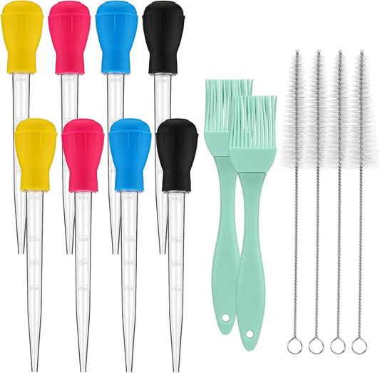 Boao 14 Pcs Heat-resistant Turkey Baster Cooking Set Includes 8 Pcs 11 Inch Turkey Baster, 2 Silicone Basting Brush, 4 Cleaning Brush for Thanksgiving Cooking, BBQ Grill, Baking Meat(Vibrant Color)