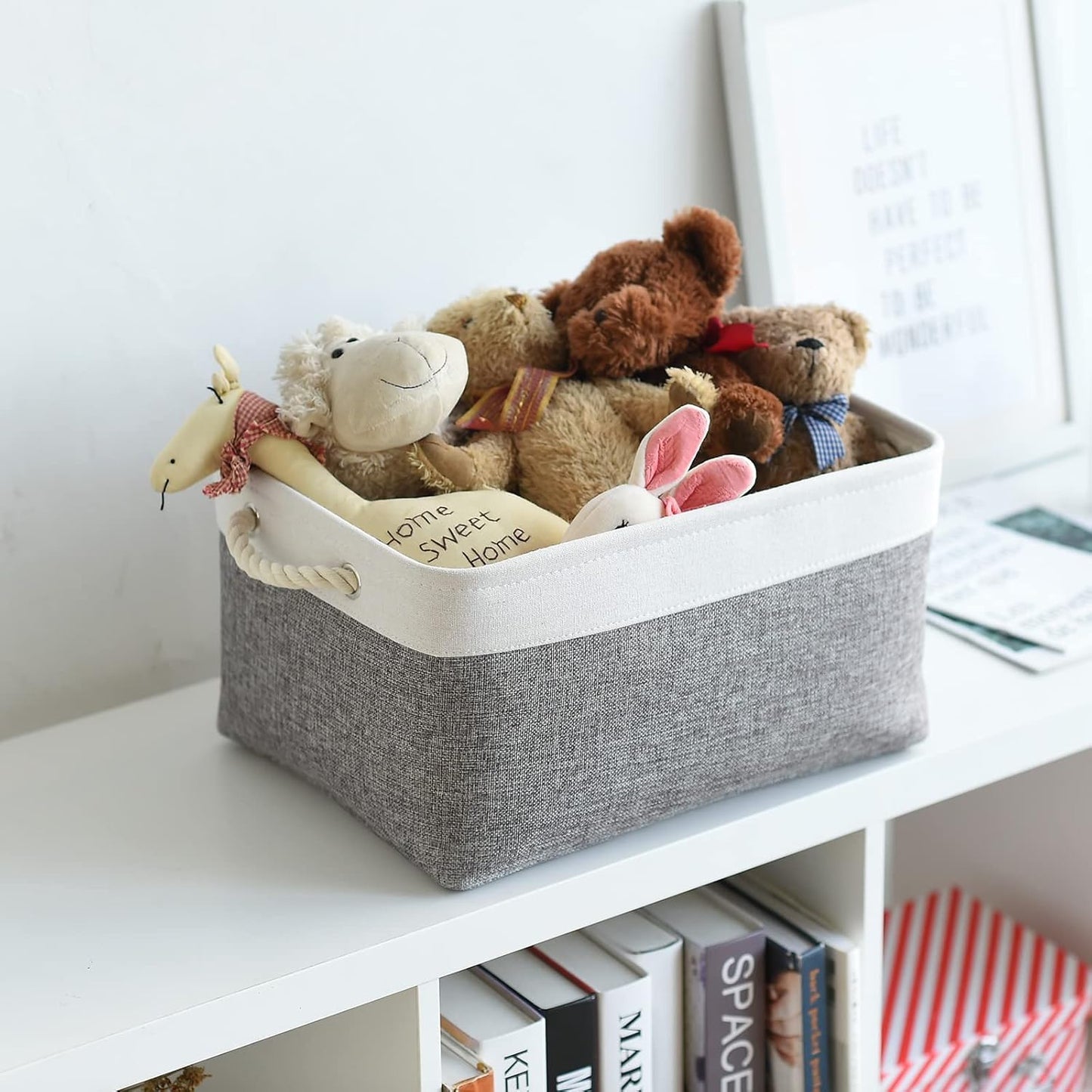 TheWarmHome Organization and Storage Basket for Organizing- 16x12x8 inch 1 Pack Fabric Storage Cubes, Collapsible Storage Bins for Shelves Organizer Gift Closet Cloth Toy (White & Grey)