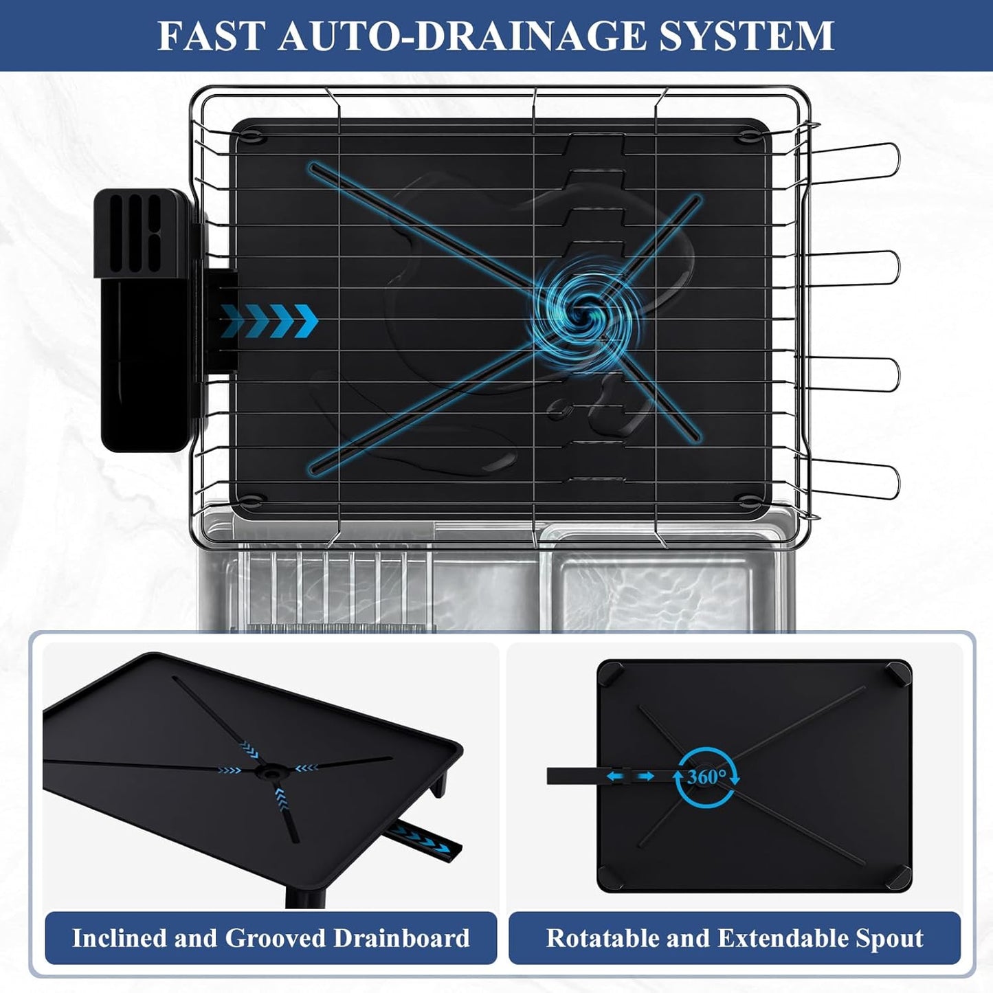 Homaxy Dish Drying Rack for Kitchen Counter (16.93''L x 12.99''W), Space-Saving Dish Drainer Rack Set with Drainboard, Large Dish Rack with Utensil Holder, Cup Rack and Knife Slots, Black