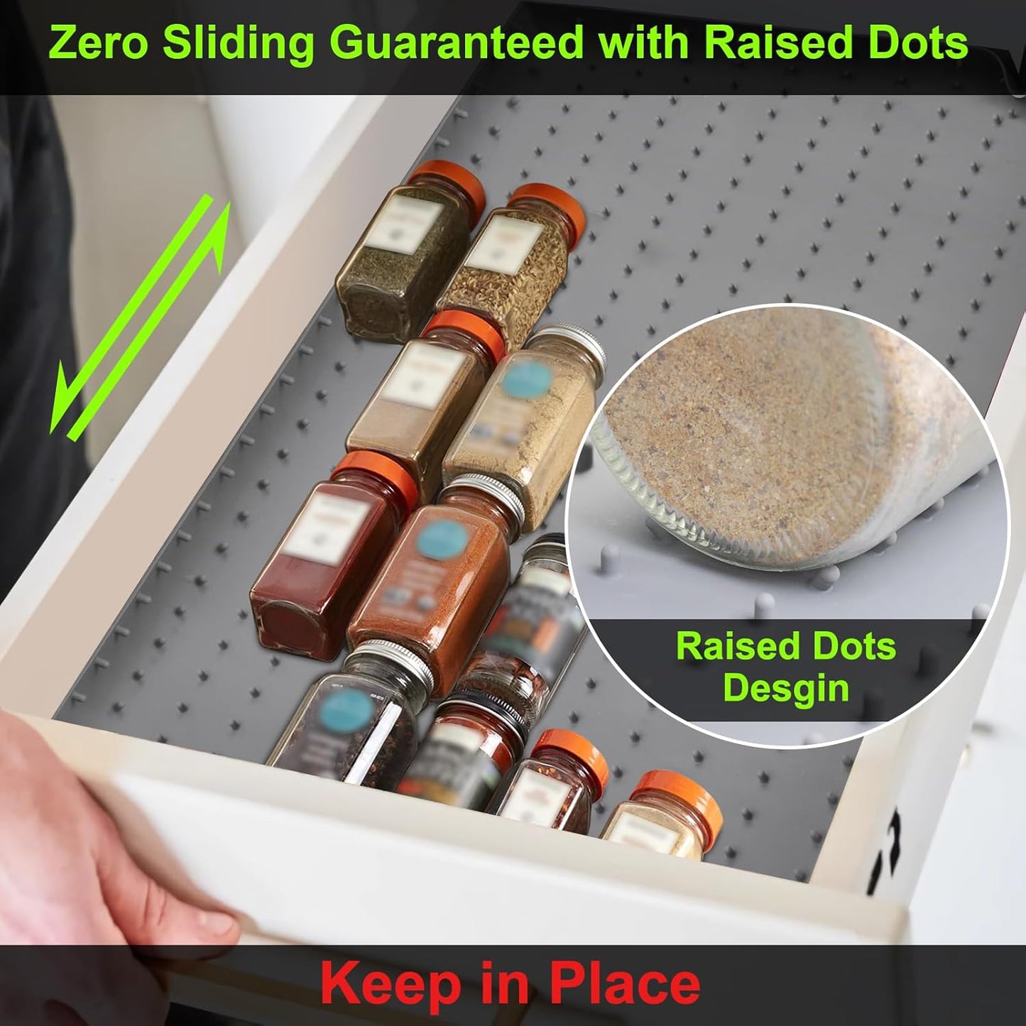 Gosmol Spice Drawer Organizer insert, Adjustable & Non-Slip Silicone Spice Drawer Liner for Seasoning Jars and Spice Bottles, Set of 2-Grey