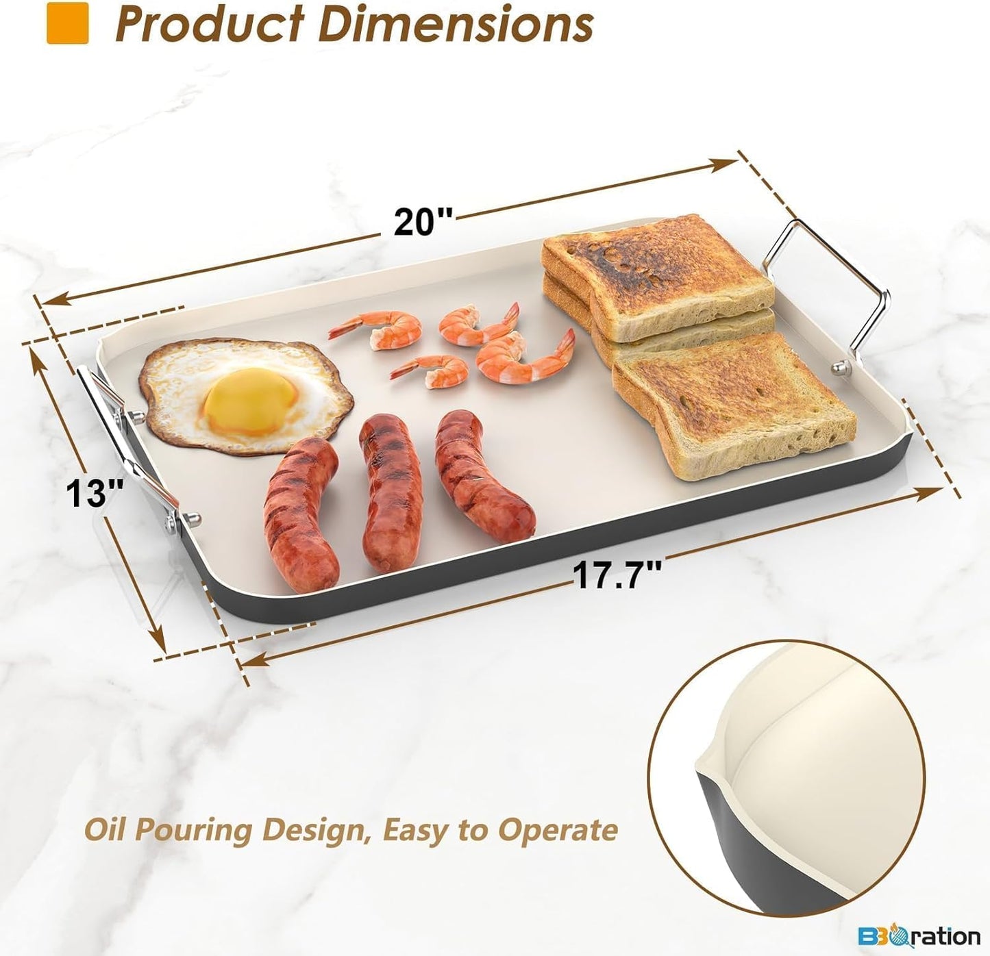 17.7" x 13" Burner Griddle Pan for Stove Top Oven, Stainless Steel Handles, Non Stick Ceramic Griddle Pan Griddle Skillet, PTFE Free PFOA Free, Black