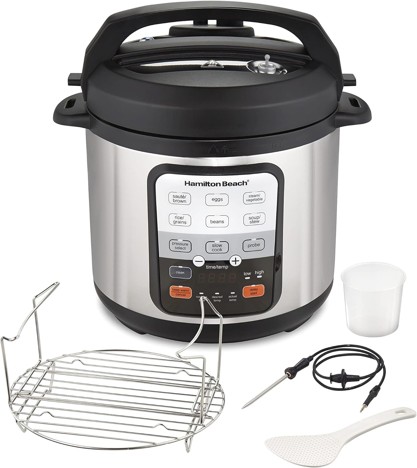 Hamilton Beach 6-in-1 Electric Pressure Cooker with Temperature Probe, Slow Cooks, Sautés, Browns, Steams, Rice Function, Egg and More, 6 Quart Capacity, Stainless Steel (34506)