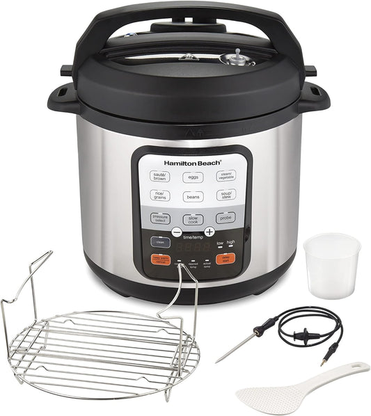 Hamilton Beach 6-in-1 Electric Pressure Cooker with Temperature Probe, Slow Cooks, Sautés, Browns, Steams, Rice Function, Egg and More, 6 Quart Capacity, Stainless Steel (34506)