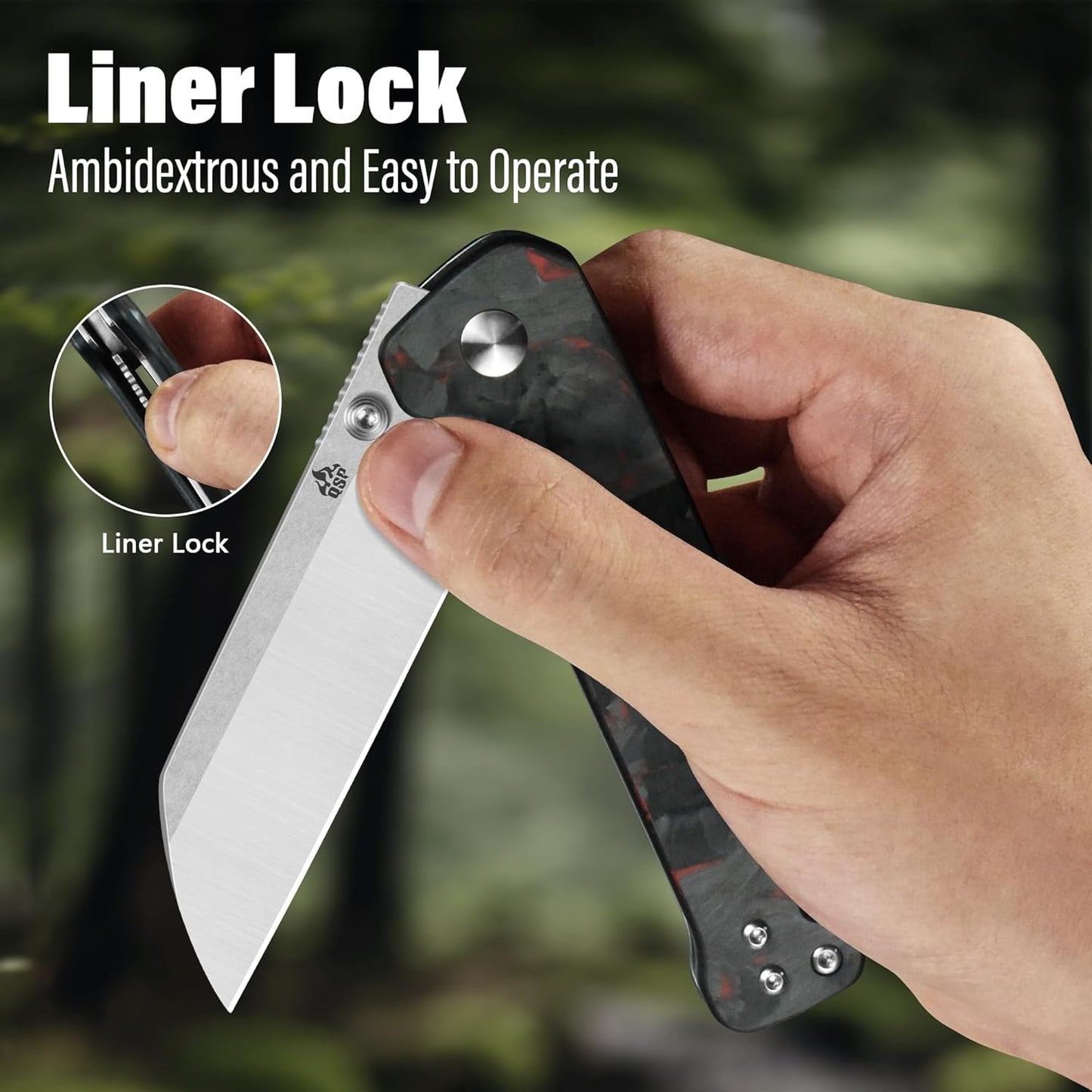 QSP Penguin V2 Folding Pocket Knife, 3.06" D2 Two Tone Finish Stonewash Satin Blade EDC Knife, Red Shredded CF Overlay G10 Handle, Liner Lock, Ceramic Ball Bearings, Reversible SS Deep Carry Clip