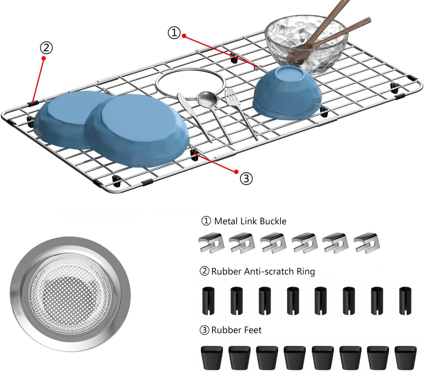 iPEGTOP Sink Bottom Grid, 3-Piece Stainless Steel Sink Protector 27-9/16" x 14-9/16" with Rear Drain Hole, Sink Grate Sink Rack for Bottom of Kitchen Sink Single Sink Bowl with Sink Hole Cover