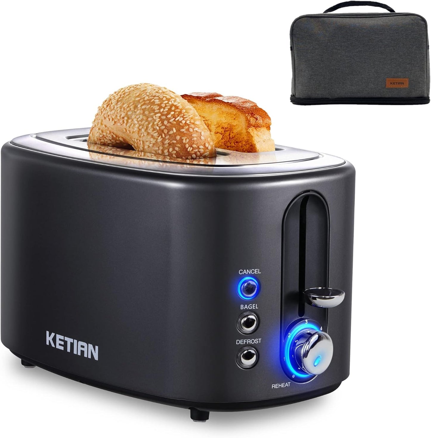 2 Slice Toaster with Cover,KETIAN Retro Stainless Steel Toasters,1.5'' Extra Wide Slot,Cancel Bagel Defrost Reheat Functions, 6 Toast Browning Settings, Removable Crumb Tray,Black