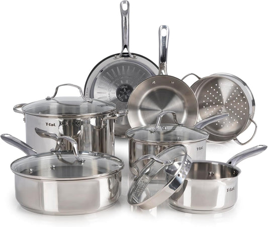T-fal Stainless Steel Cookware Set 11 Piece, Induction, Oven Broiler Safe 500F, Kitchen Cooking Set w/Fry Pans, Saucepans, Saute Pan, Dutch Oven, Steamer, Pots and Pans, Dishwasher Safe, Silver