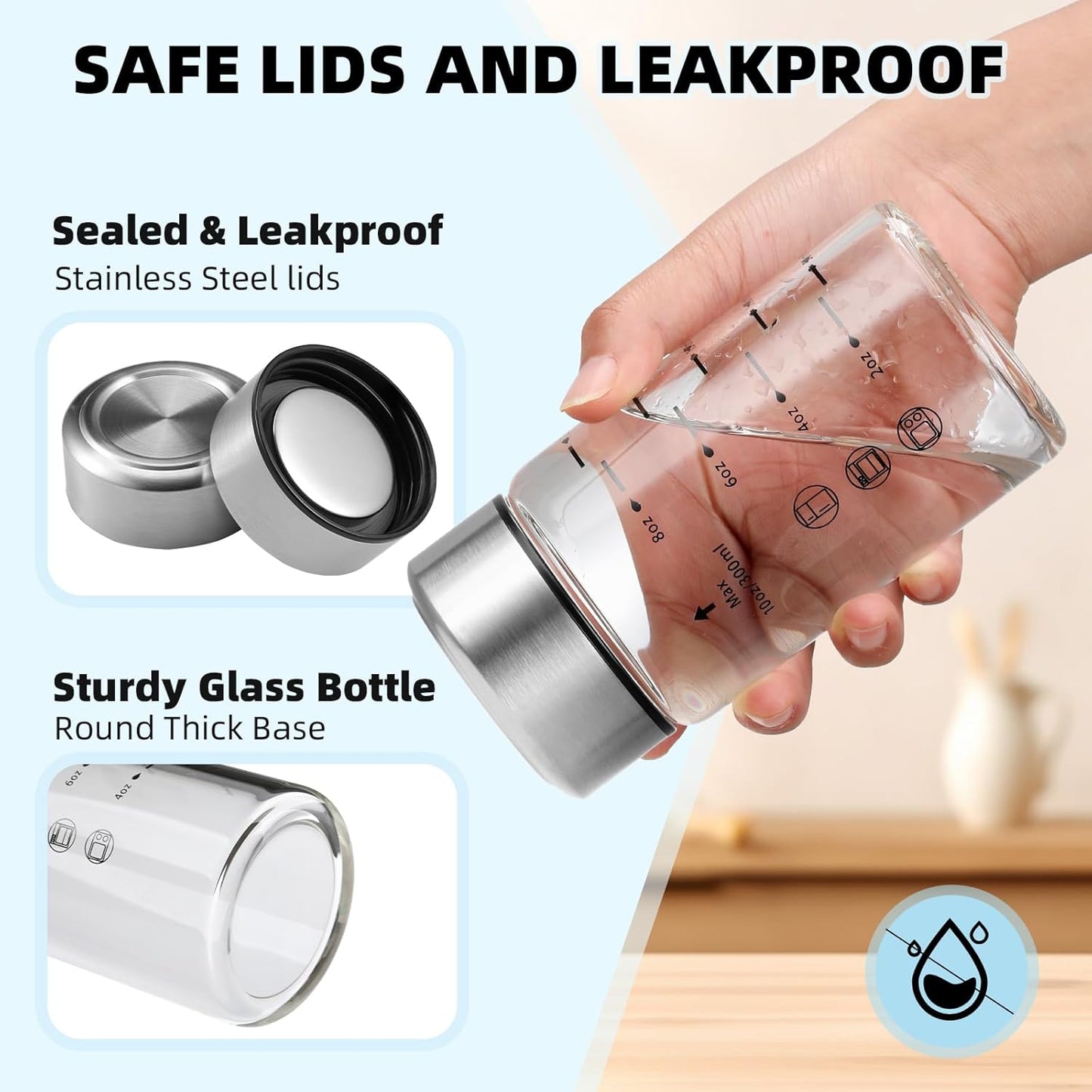 Glass Juice Bottles 6 Pack 10 oz - Wide Mouth Glass Water Bottles with Lids - Borosilicate,Stainless Steel Lids for Juicing, Smoothies, Infused Water, Beverage Storage, Leakproof, Reusable,BPA Free