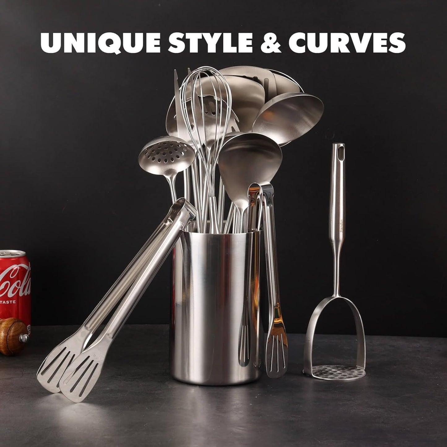 18/10 Stainless Steel Cooking Utensils Set - 16 PCS All Metal Kitchen Tools, Serving Utensils - Whisk, Masher, Fork, Tongs, Solid/Slotted Spoon, Spatula, Turner, Ladle, Skimmer, Pasta, Large Spoon Set