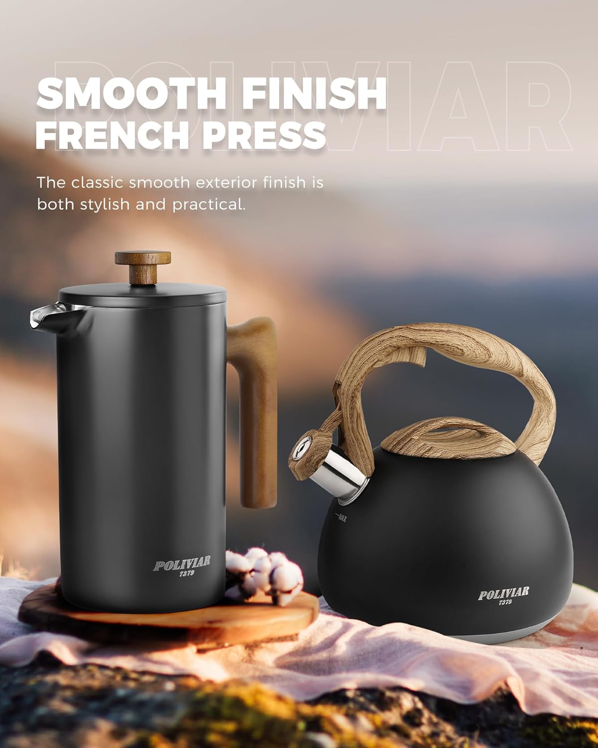 POLIVIAR French Press Coffee Maker, 34 Ounce Coffee Press with Real Wood Handle, Double Wall Insulation & Dual- Filter Screen, Food Grade Stainless Steel for Good Coffee and Tea (Vintage)