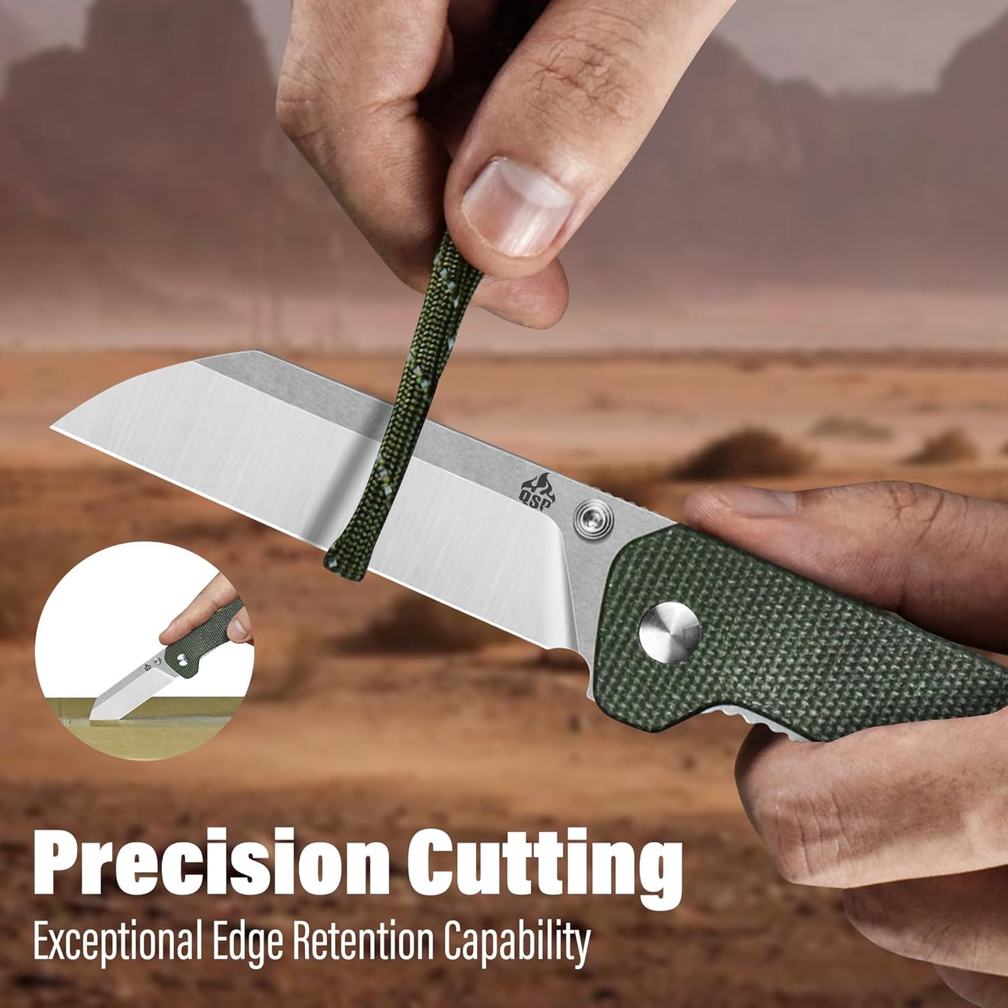 QSP Penguin V2 Folding Pocket Knife, 3.06" D2 Two Tone Finish Stonewash Satin Blade EDC Knife, Green Micarta Handle, Liner Lock, Ceramic Ball Bearings, Reversible SS Deep Carry Clip
