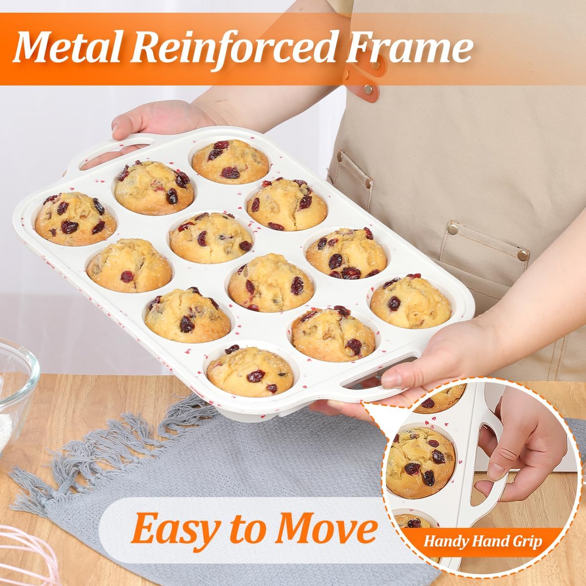 Regular Size Muffin Pan with Metal Reinforced Frame, Silicone Cupcake Pan Easy to Handle Nonstick 12 Cups Silicone Muffin Pans for Baking BPA Free 2 Pack
