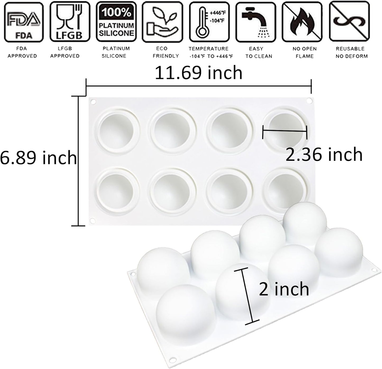 OCPO KITCHEN 3D Sphere Silicone Mold for Baking Mousse Cake Candy Pastry Chocolate Truffle Jelly Cookie Pudding, Ball Shape (8-Cavity)