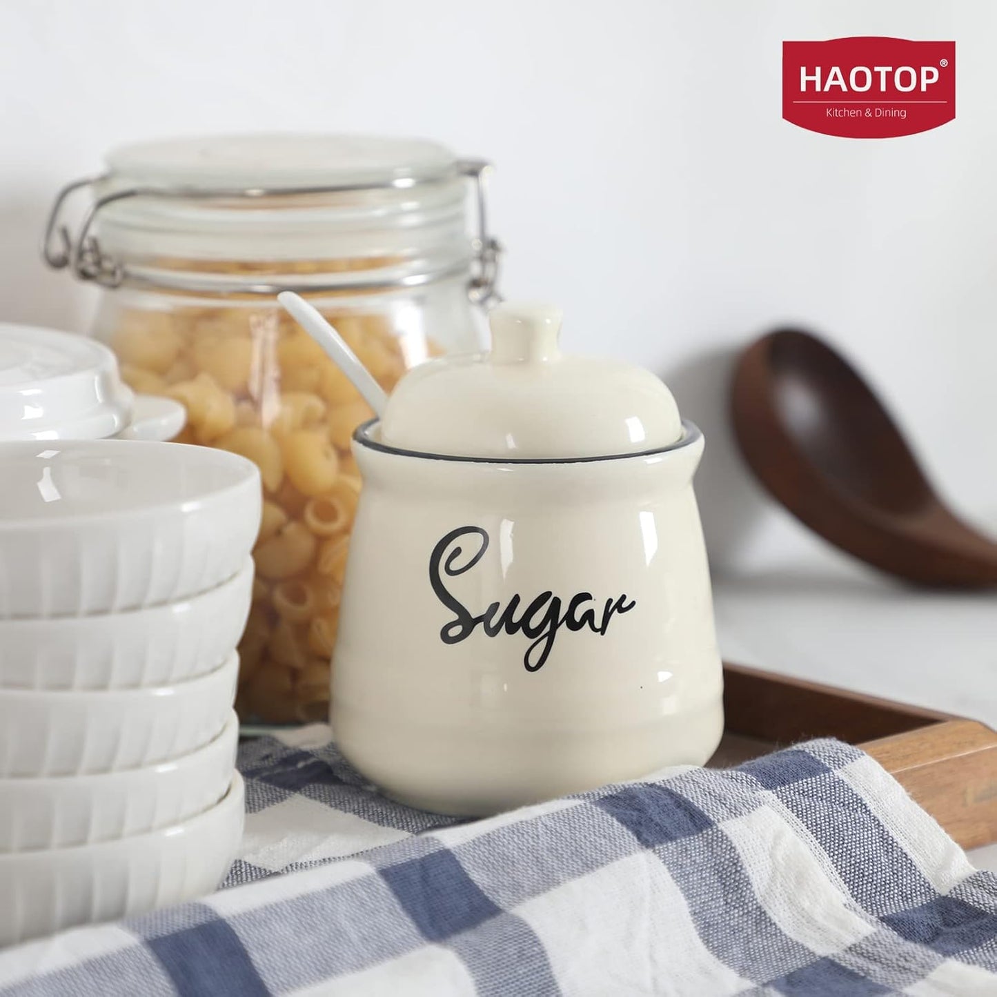 HAOTOP Farmhouse Porcelain Sugar Bowl with Lid and Spoon 12oz,Easy to Clean (Beige)