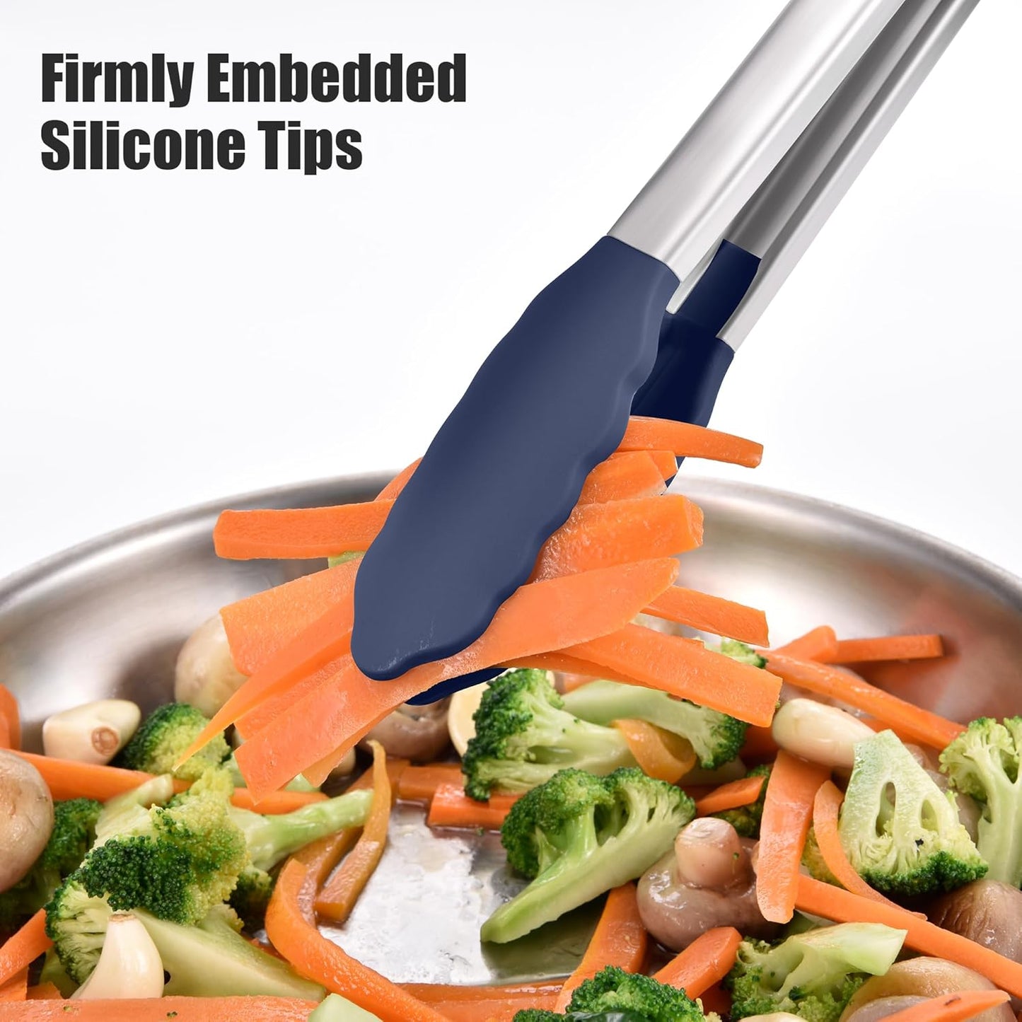 Doosu Kitchen Tongs for Cooking - 600°F Heat Resistant Food Tong with Non-Scratch Silicone Tips, Heavy Duty Stainless Steel Locking Tong for BBQ, Grilling Steak, Serving Salad Pasta (12in, Navy Blue)