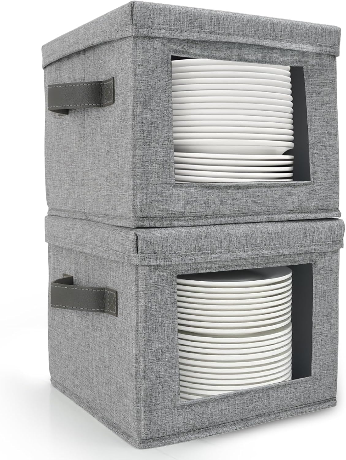 HOMELUX THEORY Plate Storage Box, 2pc 10"x8" Light Gray Hard Shell China Storage Containers, Kitchen Storage Bins With Lids, Heavy Duty Moving Box with Handles for Dishes, Dinner Plate & Dinnerware