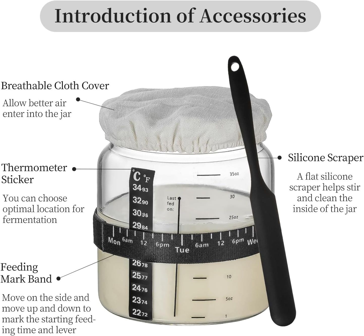 Wissy&Konny Sourdough Starter Jar，Wood Sealed Lid with Automatic Exhaust,35OZ with Ounce Scale Line,Date Marked Feeding Band, Thermometer, Sourdough Jar Scraper,Wide Mouth for Sourdough Bread Baking