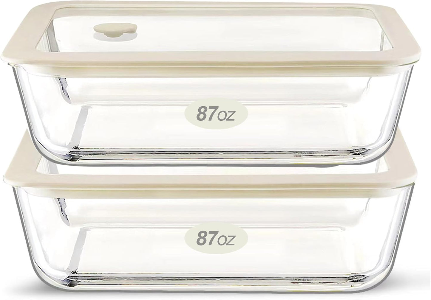 Urban Green Glass Food Container Set with Glass Lid, Large Meal Prep Container Set, Airtight Food Storage Containers with Air Vent Lid, 2 Pack, Large, 87oz, LeakProof, 100% Plastic Free, White color,