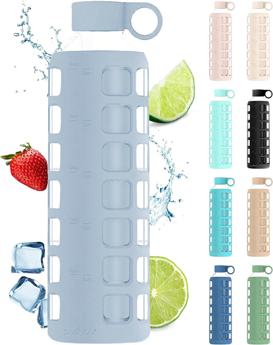 purifyou 40oz / 32oz / 22oz / 12oz Borosilicate Glass Water Bottle with Time & Volume Markers, Silicone Sleeve, Stainless Steel Lid – Reusable Glass Bottle for Water & Juice (32oz Ice Blue)