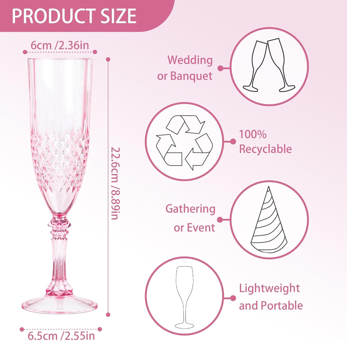 Plastic Champagne Flutes, 24PCS Pink Plastic Wine Glasses Goblets Reusable Champagne Flute for Weddings, Bachelor Parties, Toasting, and Events (24, Pink)