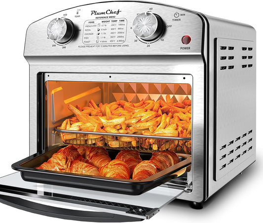 PlumChef 13 Quart 4 Slices Air Fryer Convection Toaster Oven with Reference Menu, 1500W,Multifunction with Roast, Bake, Grill, Broil, Silver