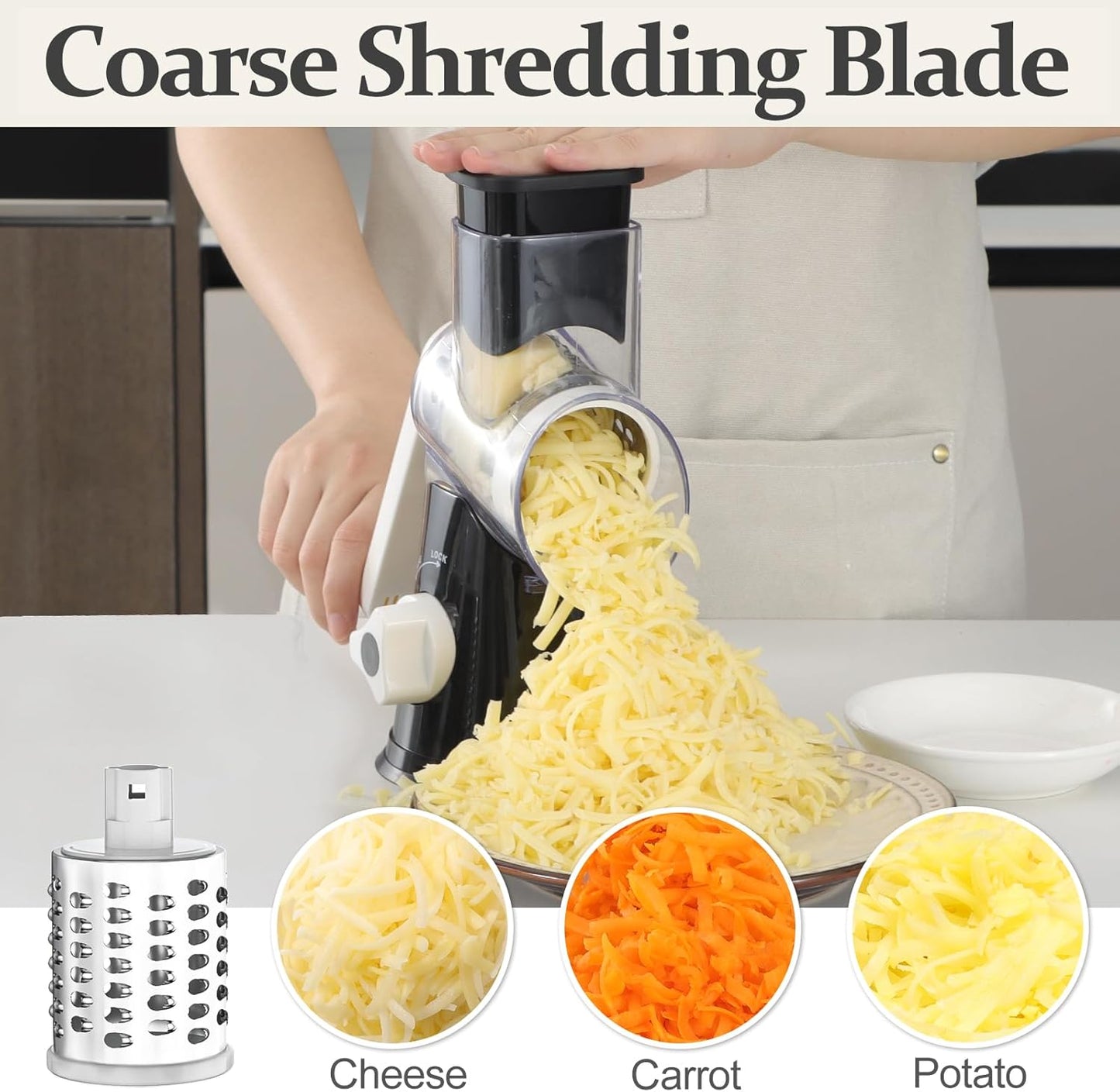 Cambom 5 in 1 Rotary Cheese Grater Hand Crank Cheese Shredder for Fresh Cheese, Vegetable, Nuts,Non-slip Suction Base, Black