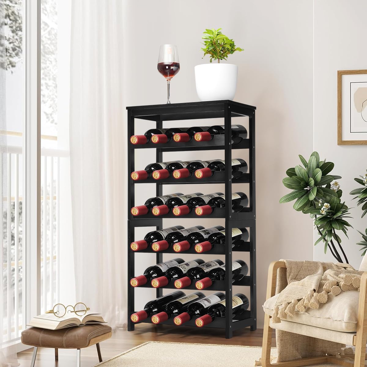 Wine Rack 24-Botttle Freestanding Floor, 6-Tier Wine Rack Shelf with Table Top, Bamboo Display Wine Storage Shelves Kitchen Bar Dining Room Living Room, Black