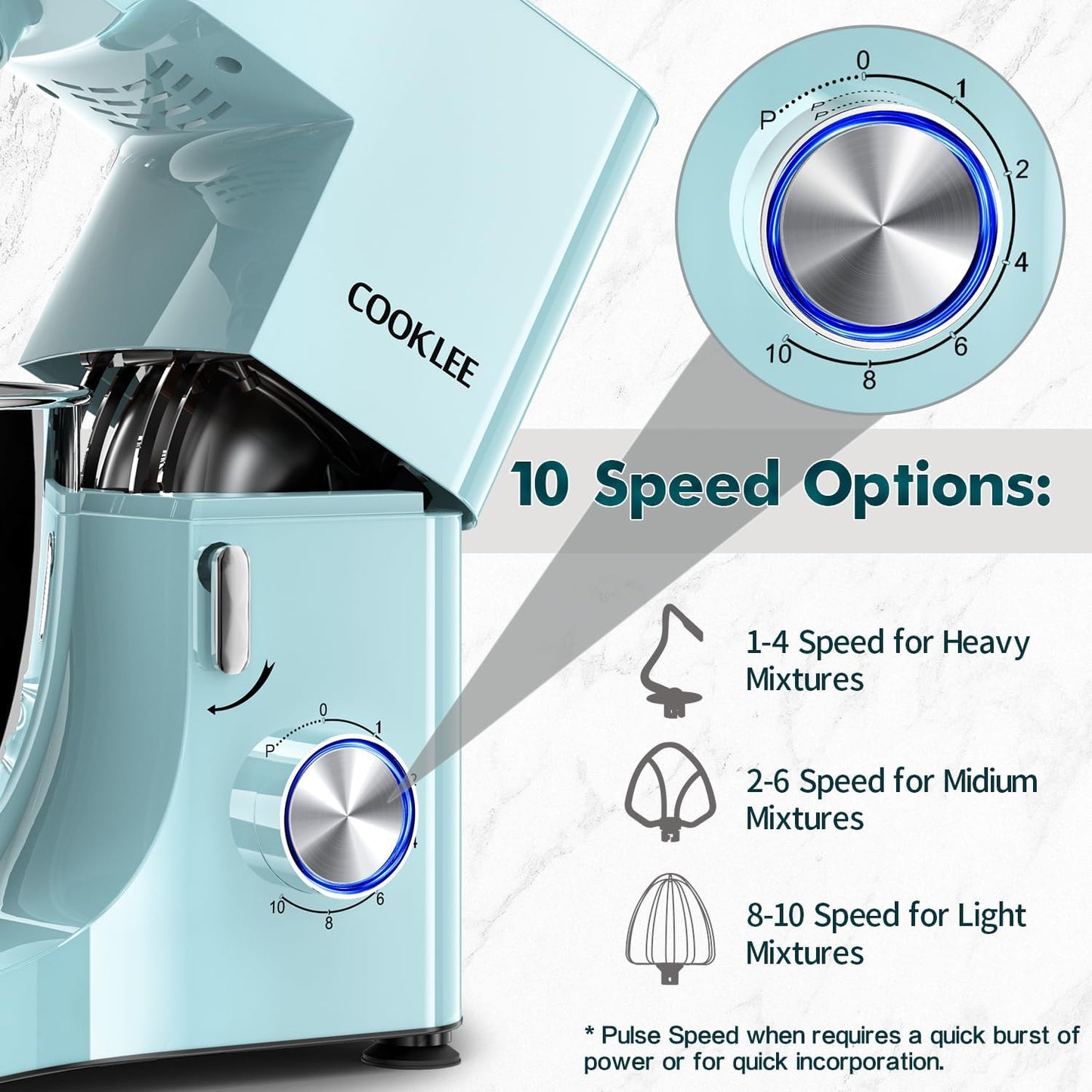 COOKLEE Stand Mixer, 9.5 Qt. 660W 10-Speed Electric Kitchen Mixer with Dishwasher-Safe Dough Hooks, Flat Beaters, Wire Whip & Pouring Shield Attachments for Most Home Cooks, Blue