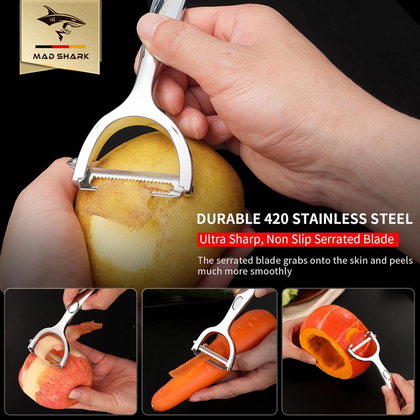 MAD SHARK Ultra Sharp vegetable peelers for kitchen – 10 Years No-Rust Stainless Steel Serrated Potato Peeler Easy to Use Y Peeler with Durable Non-Slip Ergonomic Grips for Carrots, Fruits, Veggie