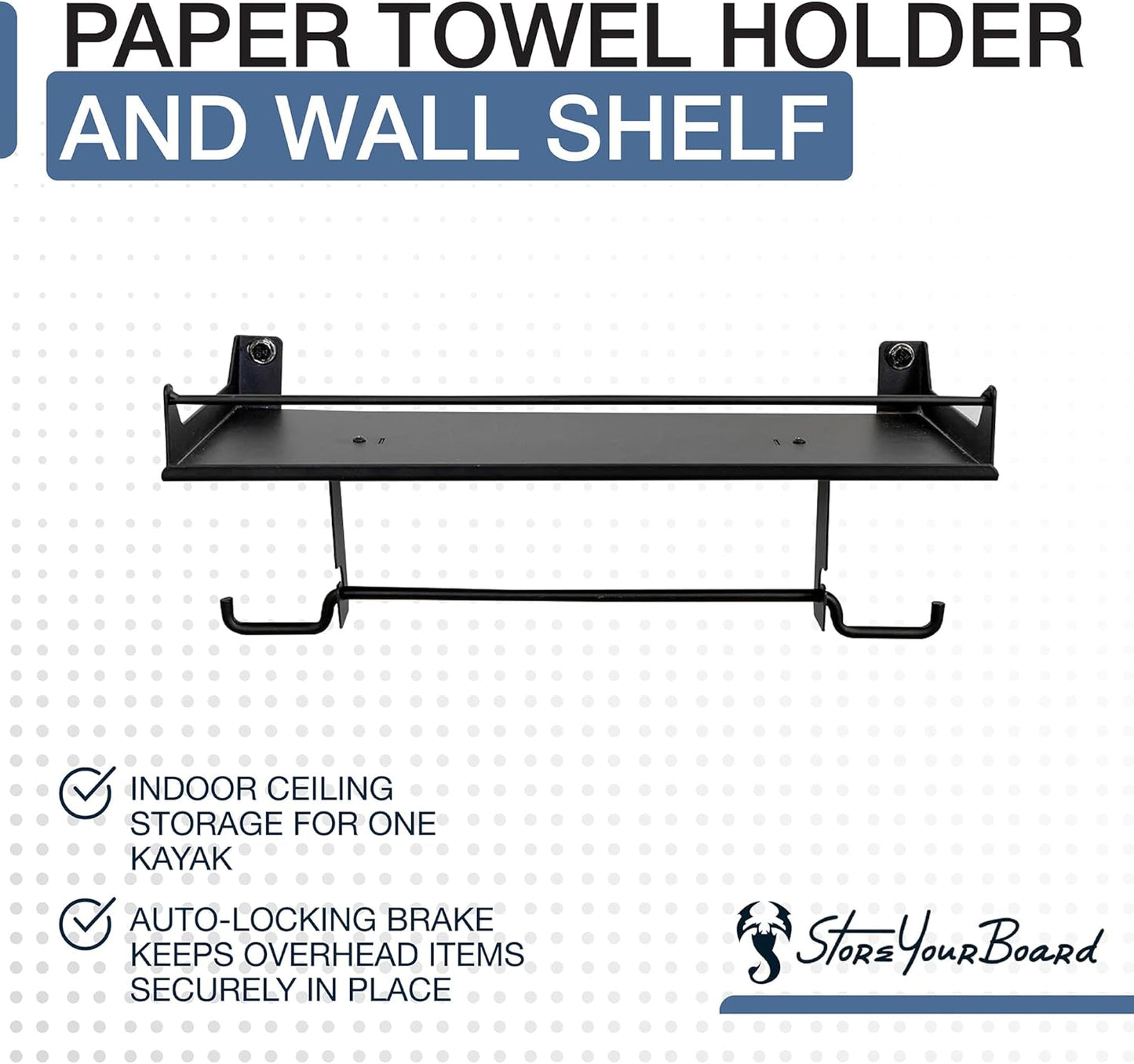 StoreYourBoard Paper Towel Holder Wall Mount with Garage Shelf – Heavy Duty Garage Wall Shelving and Utility Shelves for Workshop Organizers, Paper Towel Storage, & Shelf Use - Black