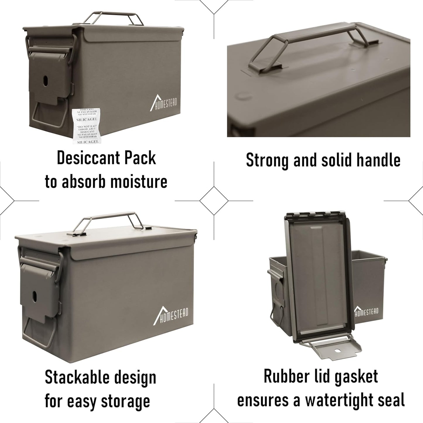 HOMESTEAD 50 Cal Metal Ammo Can – 4 Pack M2A1 Military Steel Ammo Storage Box, Airtight and Water-Resistant Ammunition, Dark Brown Color