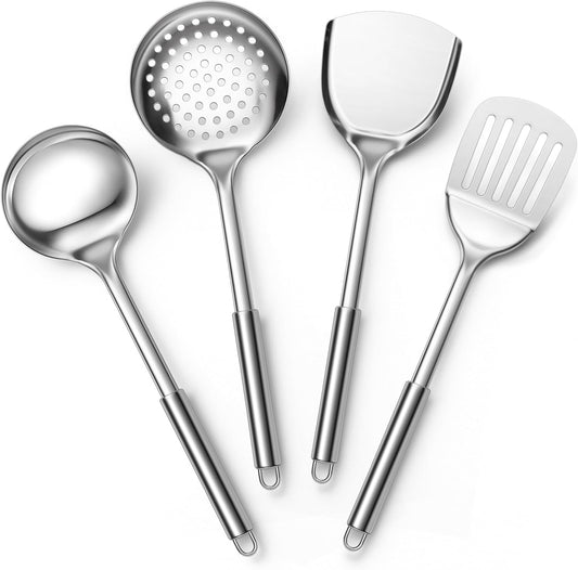 E-far Stainless Steel Cooking Utensils, 4-Piece Heat Resistant Kitchen Utensils Set, Non-toxic Metal Kitchen Tools Spatulas Set Including Soup Ladle, Slotted/Solid Turner, Skimmer, Dishwasher Safe