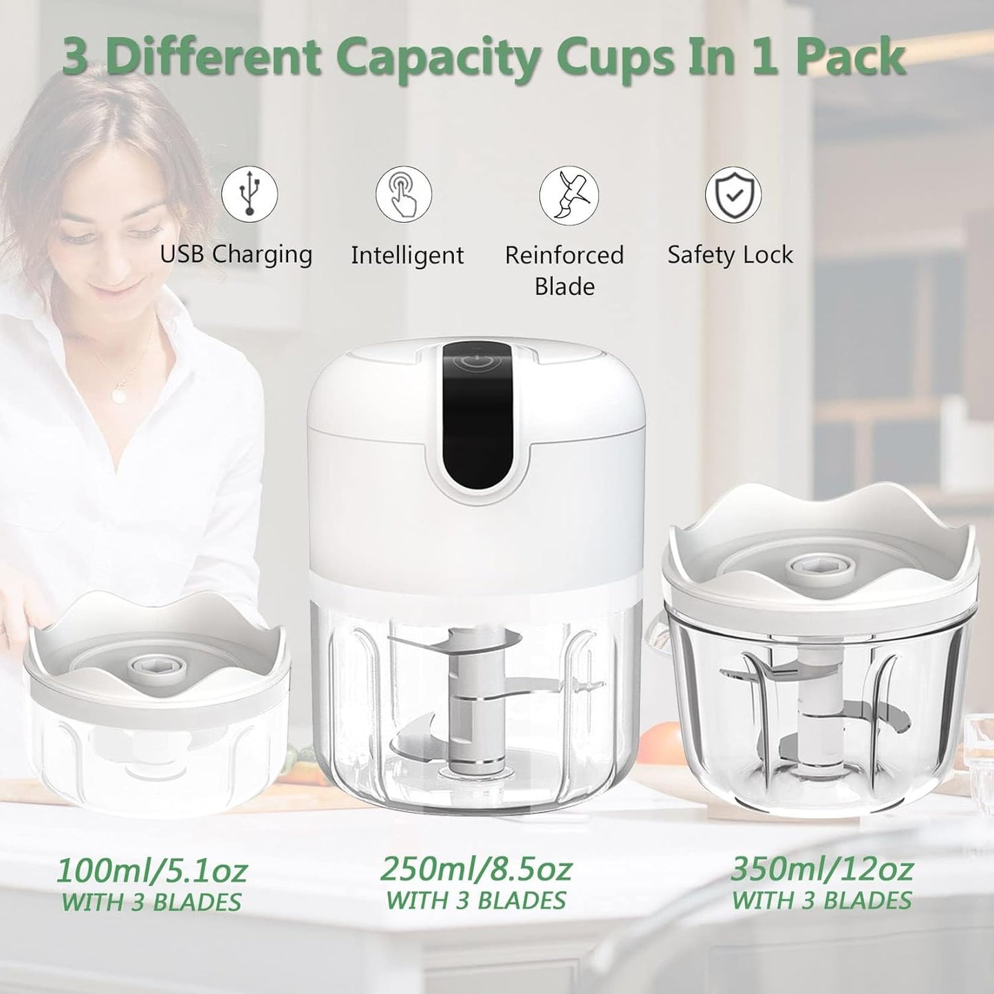 White 3 CUP Electric mini garlic crusher, USB rechargeable portable electric food crusher, wireless small kitchen processor for crushing garlic, ginger, chili, minced meat, onions, etc.(350+250+100ml)