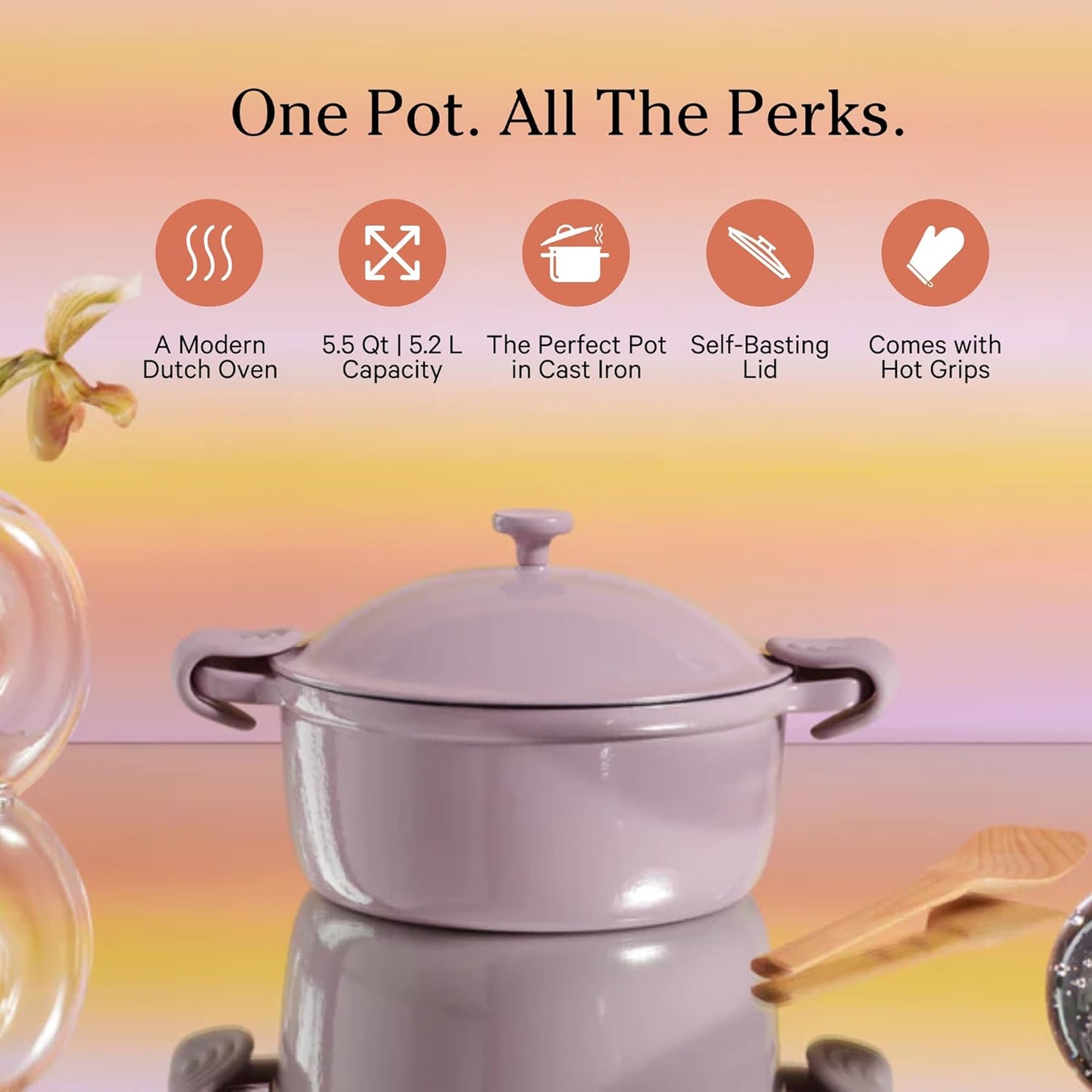 Our Place Cast Iron Perfect Pot | 6-in-1 Multifunctional 5.5 Qt. Toxin-Free Enameled Dutch Oven with Self-Basting Lid | Hot Grips & Beechwood Scraper | Induction Cooktop and Oven Safe | Lavender