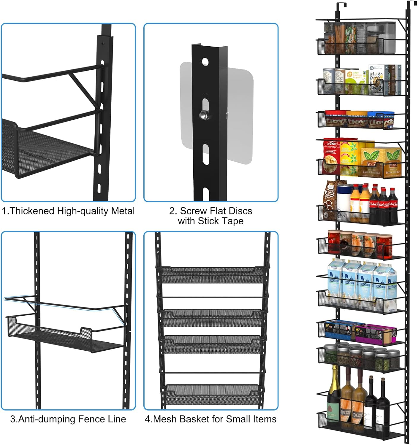 Over the Door Pantry Organizer, 10-Tier Over the Door Organizer with Adjustable Basket, Door Organization for Pantry Kitchen Storage Room Spice Rack, Black