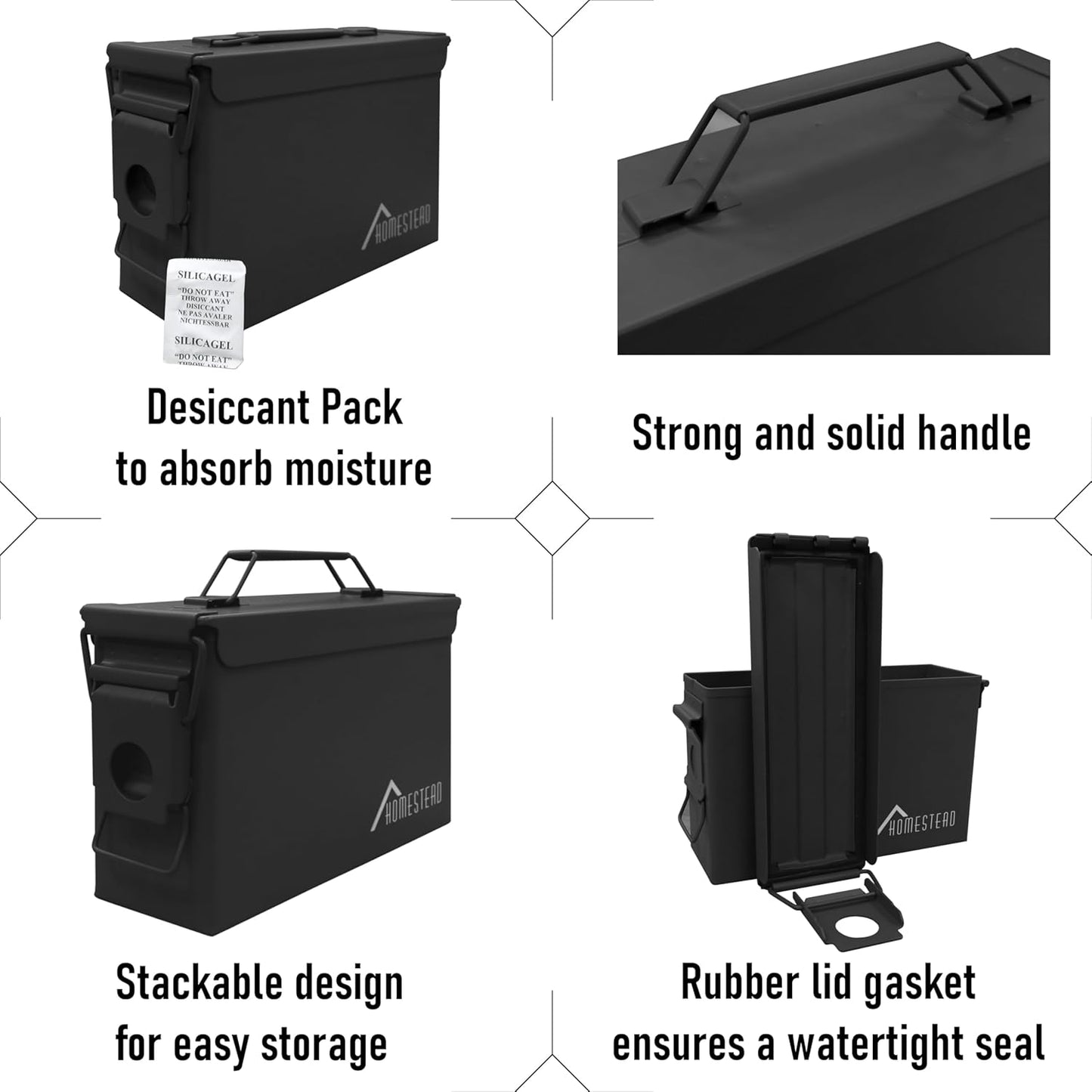 HOMESTEAD 30 Cal Metal Ammo Can - New Steel Ammo Can, Military Ammo Box, Airtight Case, Weatherproof Storage Ammo Box (4-Pack, Black Color)