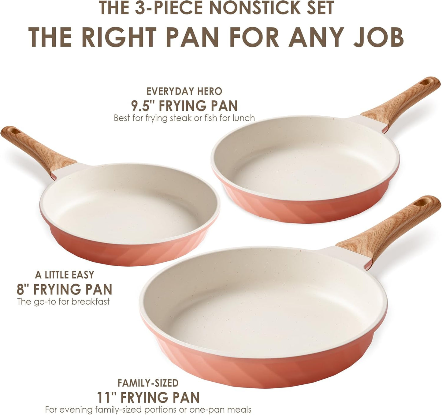 Frying Pans Non stick - 3 PCS Nonstick Frying Pan Set Omelette Pans for Cooking Set, Granite Skillet Set Kitchen Induction Cookware Chef's Pan Gift, 8", 9.5" &11", Coral Pink