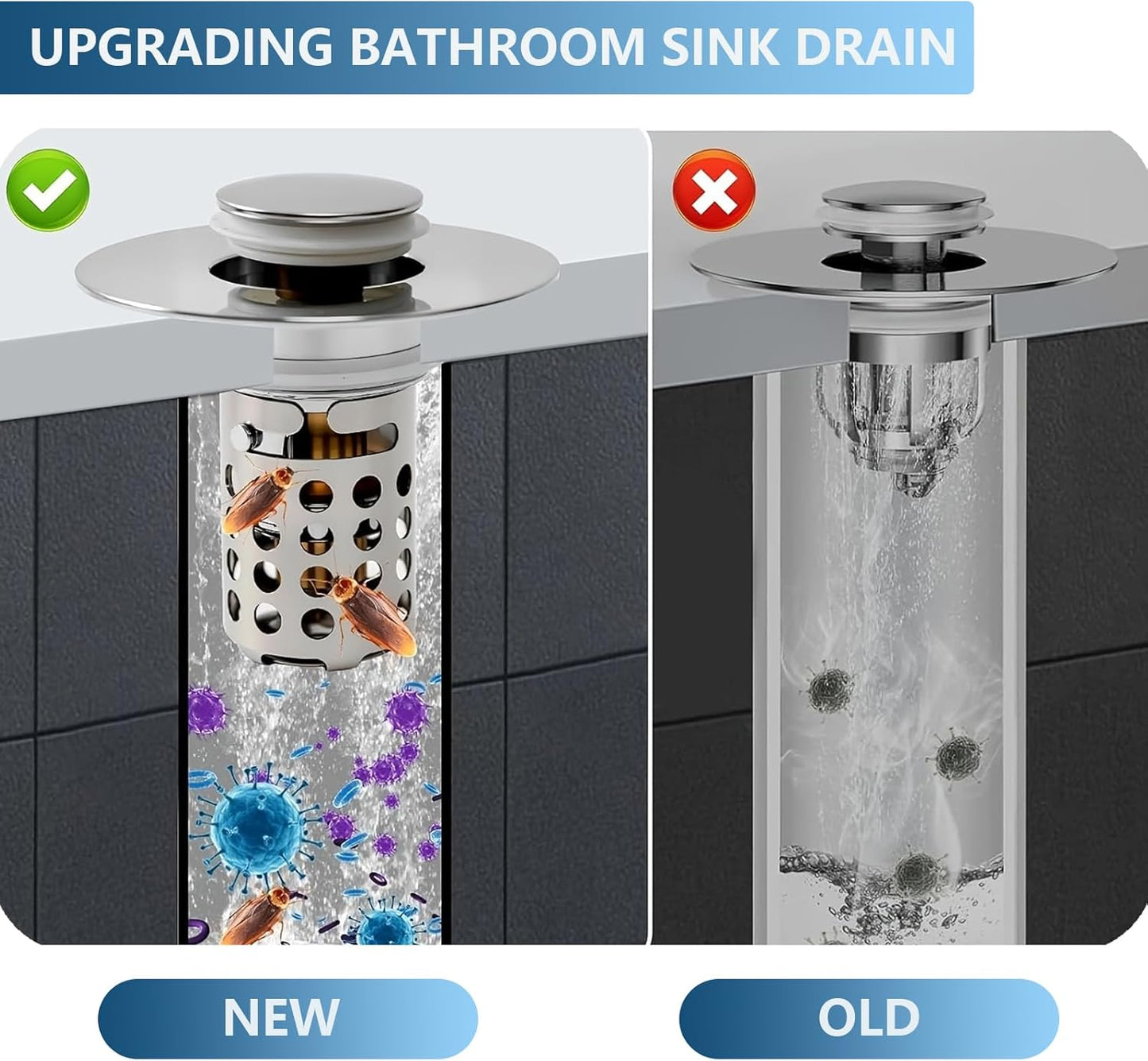 Upgraded Bathroom Sink Stopper Drain Strainer for 1.1-1.45 Inch,Universal Pop Up Stopper with Removable Stainless Steel Filter Basket Hair Catcher,Brass Bounce Core for US Universal